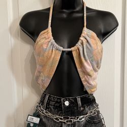 NWT🏷 Terry Cloth Versatile Halter Floral Retro Print Crop Bralette 🌼