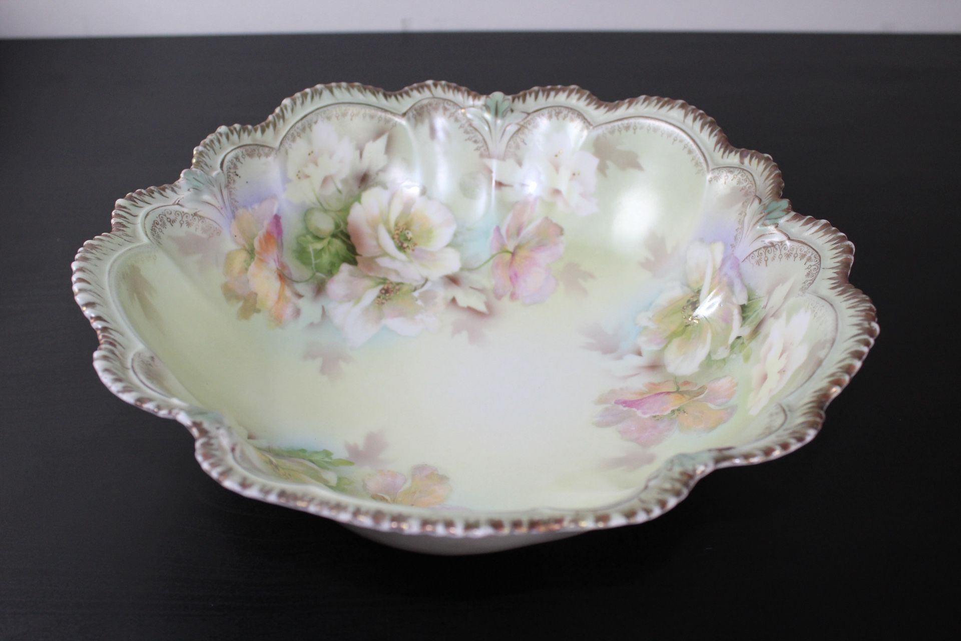 RS Prussia Antique Large Serving Bowl Red Mark Scalloped Rim Flowers