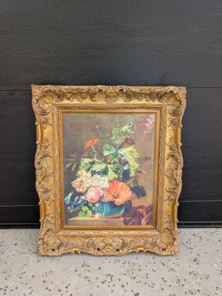 Vintage Floral Oil on Canvas Painting in Large Ornate Gold Frame