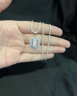 925 Sterling Silver Small Virgen Virgin Mary Colorful CZ & Rope Chain
