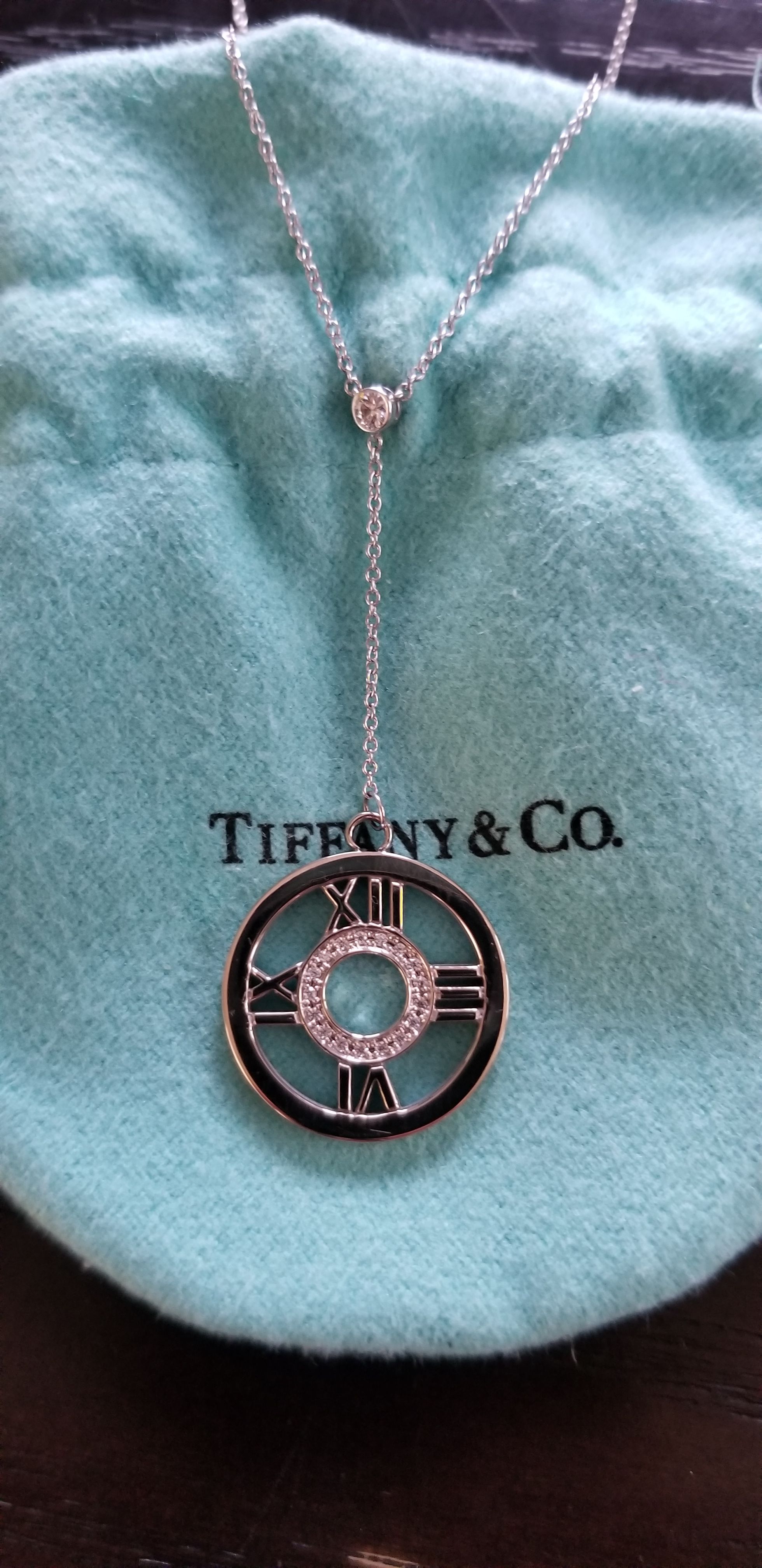 Tiffany Atlas Open Pendant Large Diamond 18K White Gold Necklace - Rare additional solitaire diamond on chain
