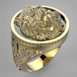 925 Sterling Silver Anillo Lion Head Gold Plated Men's Ring - Size 9