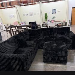 Stylish Black Sectional Sofa With Ottoman Fur- Like Jumbo Corduroy 