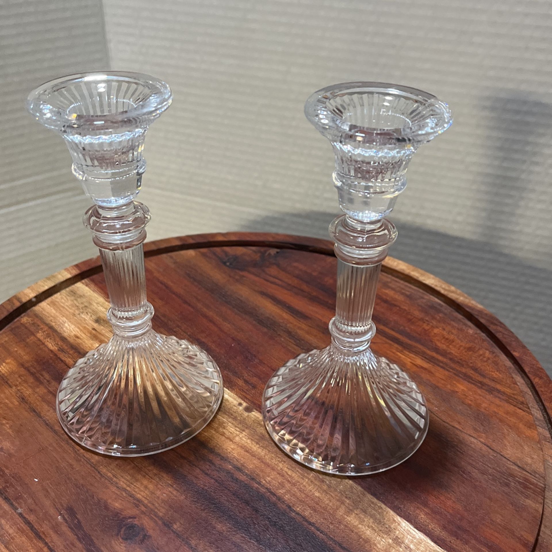 Set of 2 Towle Pressed Glass Ribbed Taper Candle Holders 