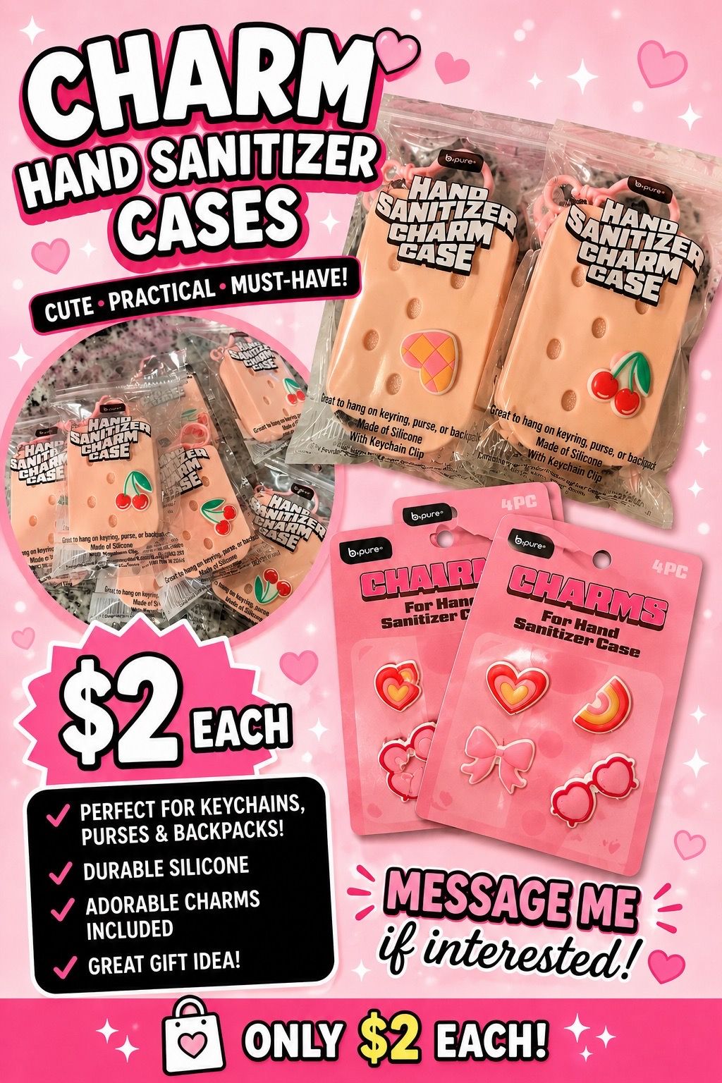Charm hand sanitizer cases and charms