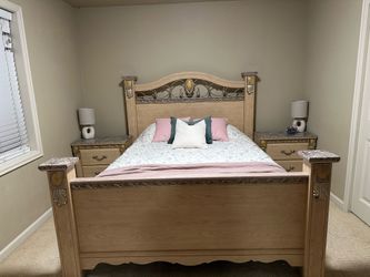 Queen bed frame and bedside tables with queen mattress