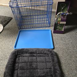 Bundle: Dog cage, plastic tray, dog bed, & new leash.