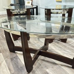 Modern Glass and Wood Coffee Table & 2 Side Tables 