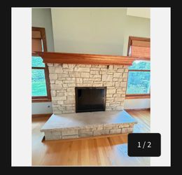 Stone Veneer Fireplace Surround w/ Wood Mantel & Glass Doors
