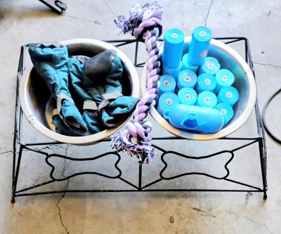 Bundle Pet Bowl Feeder+ Bags + Rope Toy + booties & Rug $25 See All Photos