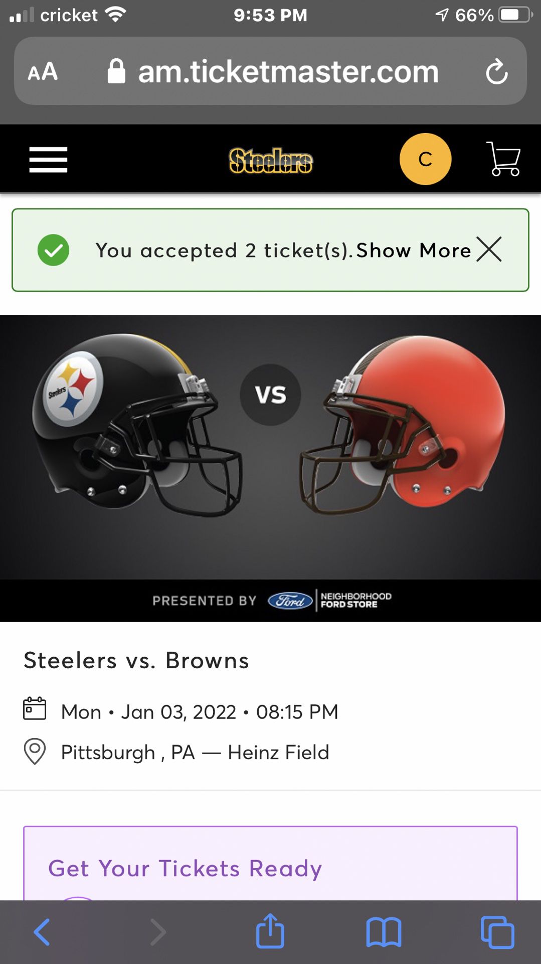 Two Tickets Great Seats For Jan 3rd Steelers / Browns