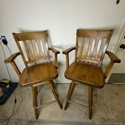 Two Brown Tall Barstool Chairs (Heavy Oak Wood)