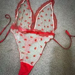 New Small Red Heart Mesh Bodysuit Lingerie Panty