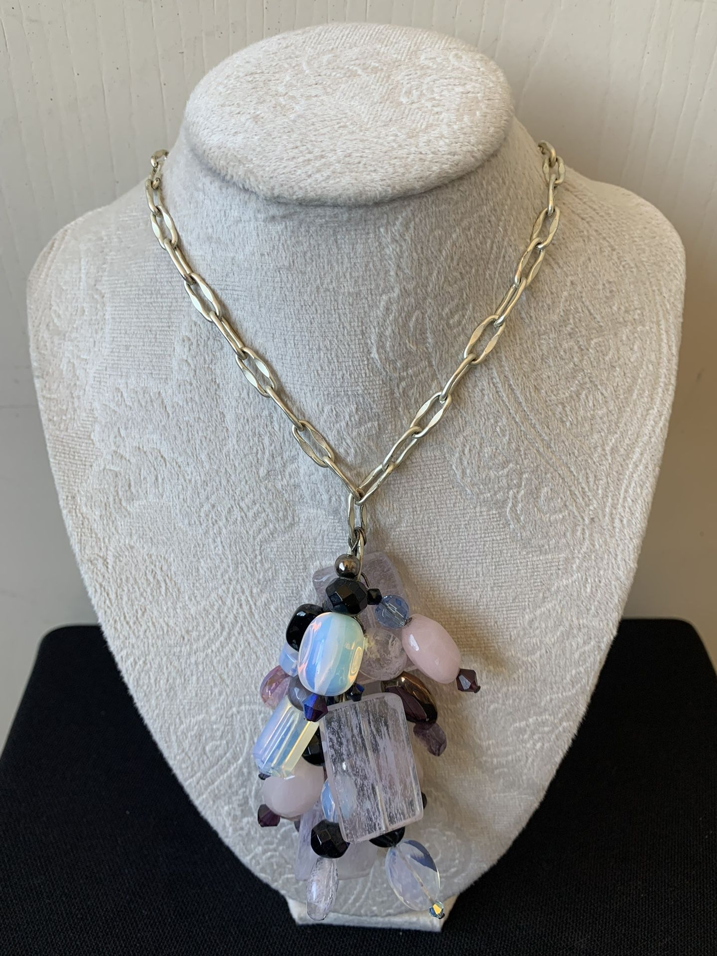 Purple / Pearlescent Statement Necklace On Silver Chain 