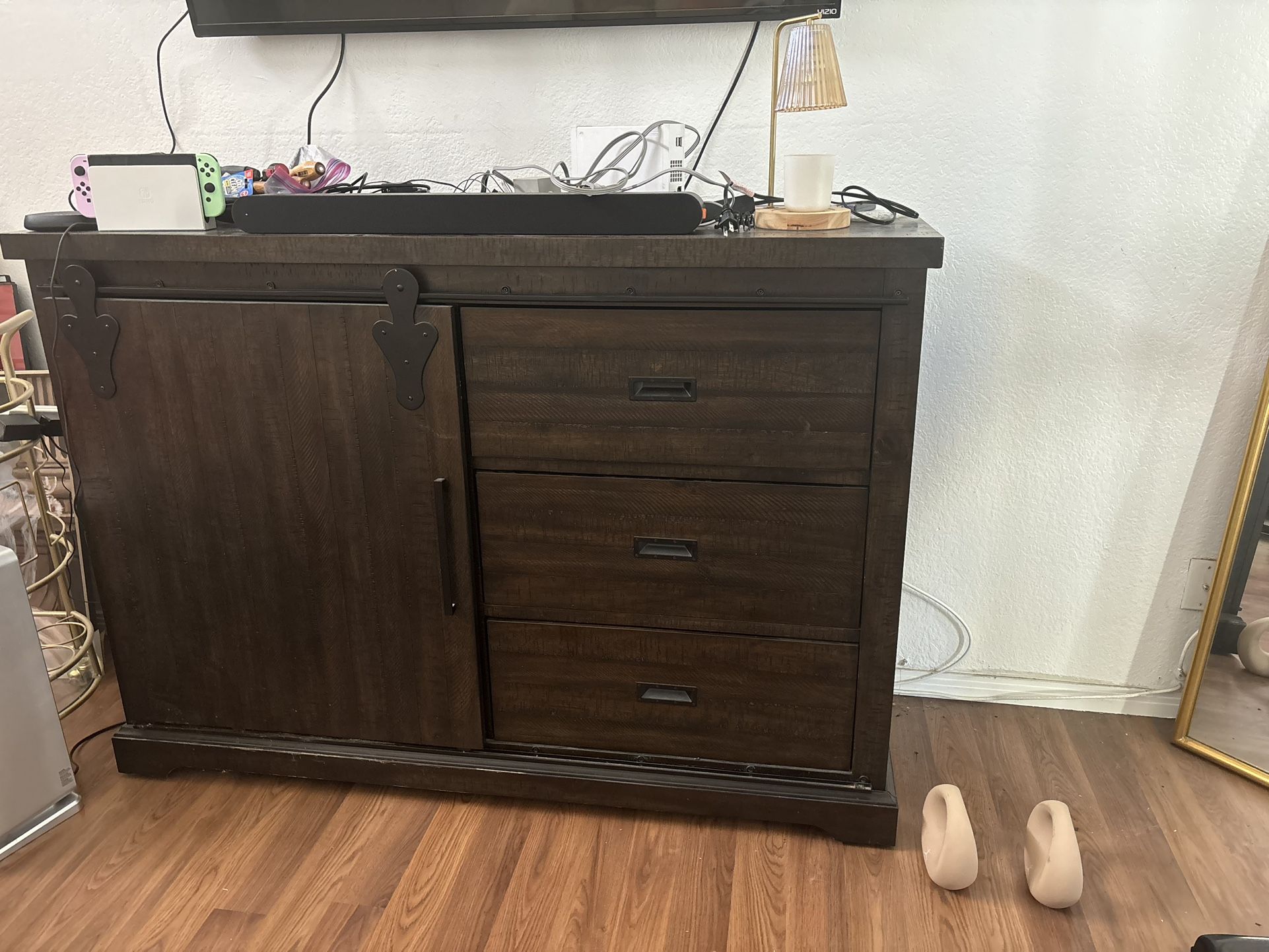 Rustic Wood sliding Door Cabinet With Drawers