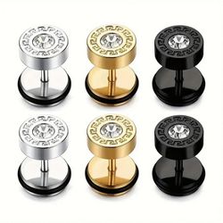 3 Pairs gold, silver & Black 316L Surgical Steel Round Greek Pattern Barbell Men & Women Stud Earrings