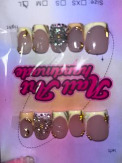 Nude Press On Nails with Gold Accents and Rhinestones