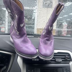 Purple Leather Cowboy 🤠 Roper Type Boots White Hearts 💟 Santa FeBoot Co