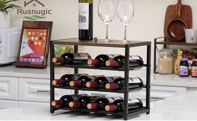 Wine Racks Countertop with Top Tray - Stackable Freestanding Floor Wine Holder - 12 Bottle Wine Bottle Storage Organizer - 3 Tier Wooden Metal Stand