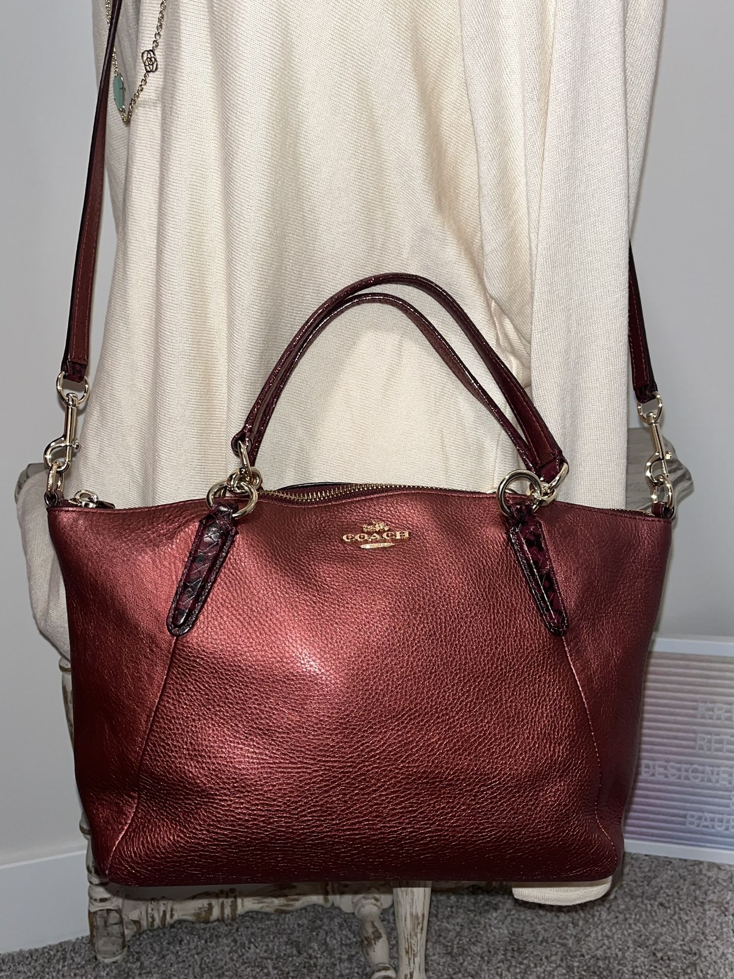 Coach KELSEY SATCHEL IN CHERRY METALLIC LEATHER WITH EXOTIC TRIM
