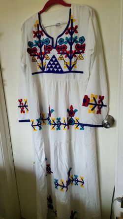 Egyptian Cotton Embroidered Maxi Dress Kaftan Galabaya White Boho Floral Size L