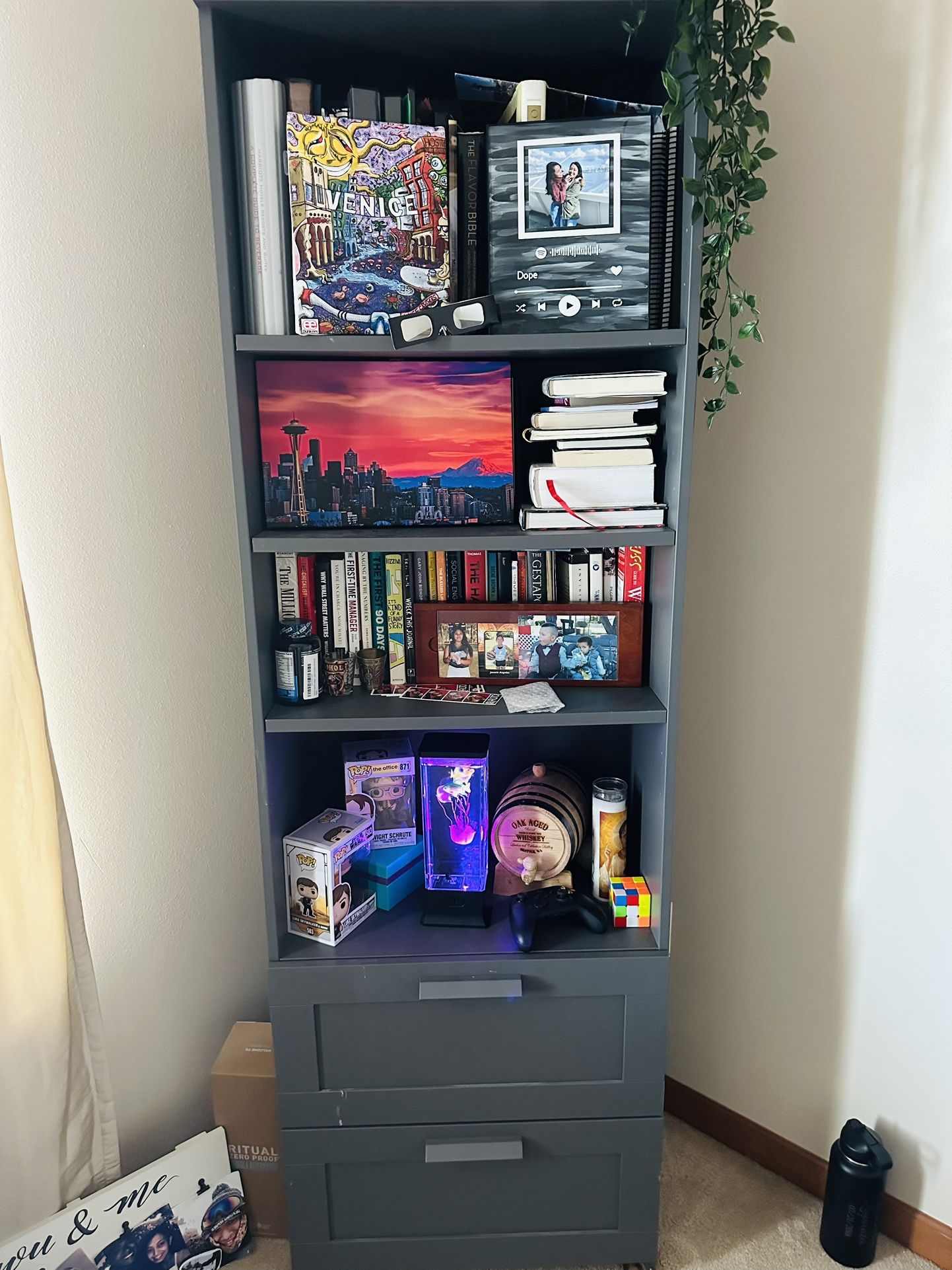 Gray Book Shelving Double Drawer