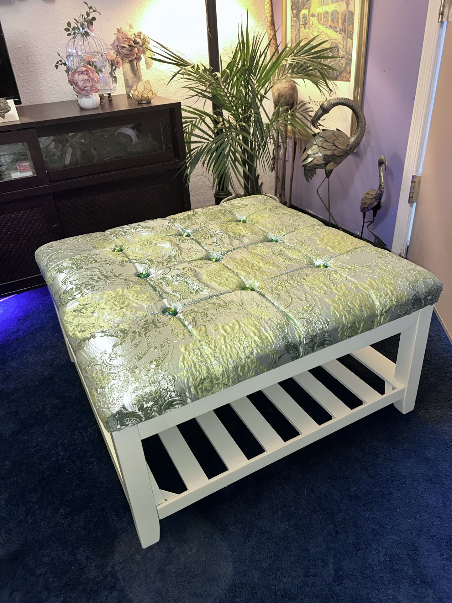 Jacquard Covered Ottoman /Table Tufted W/Glass Crystals