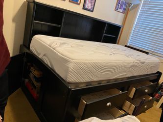 Bed with mattress,  storage drawers & shelves