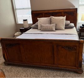 Wood Sleigh Bed Frame, Dresser, and Chest of Drawers