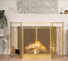 48 in. Fireplace Screen Gold 4-Panel Fire Spark Guard Hinged Doors with Fireplace Tools
New