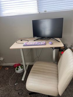 Modern White Standing Desk and Sitting Chair – Like New (Adjustable)