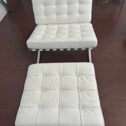 White Leather Bench w Matching Ottoman 