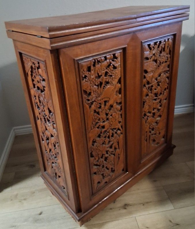 Hand Carved Asian Bar On Wheels Good Condition