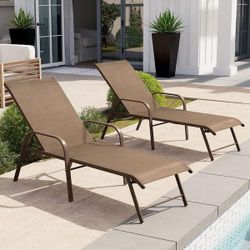 2-Piece Metal Outdoor Chaise Lounge Aluminum Lounge Armchairs with 5-Position Adjustment Textilene Fabric in Brown