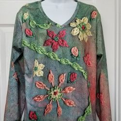 Womens Floral V Neck Top L