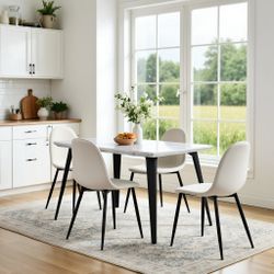 Stan 5 Piece White Dining Table Set 63” Table with 4 Charlton Upholstered Chairs