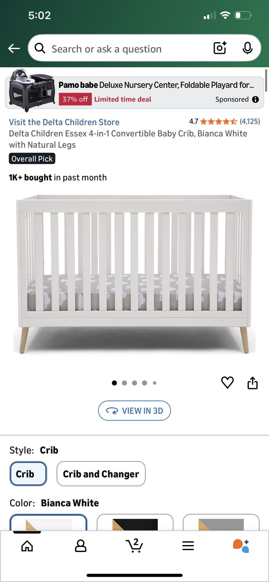 Delta Children Essex 4-in-1 Convertible Baby Crib, Bianca White with Natural Legs