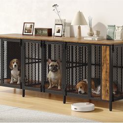 87'' Heavy Duty Dog Crate Furniture, Indoor Dog Kennel TV Stand with 3 Room and 6 Lockable Door, Pet Crate Table with 2 Removable Divider and Adjustab