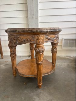 3-Piece Matching Vintage Carved Wood Table Set – Console + 2 Round Coffee Tables
