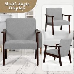 Mid Century Modern Accent Chairs, Linen Fabric Reading Arm Chairs for Adults with Wooden Armrest and Legs, Comfy Upholstered Armchairs for Living Room