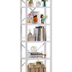White Tall Bookshelf, Bookcase with 6 Shelves, Modern Freestanding Shelf Units, Metal and Wood Display Storage Corner Rack Organizer 