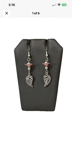 Pink Trumpet Flower Leaf Dangle Earrings Silver Tone Boho Chic Drop Jewelry