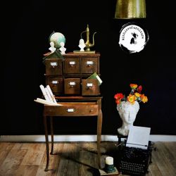 Vintage Charm Upcycled Apothecary Style Table with 9 Drawer Apothecary Box hand Painted Okd World Inspired storage Table. Bedroom Storage Cabinet. Col