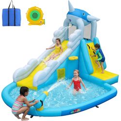 Adnoom Inflatable Water Slide with 480W Blower, Bounce House for Kids Backyard, Bouncy Castle with Large Pool/Basketball Hoop, Inflatable Water Park w