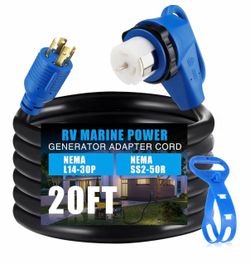 Kanayu 20ft L14-30p to Ss2-50r Rv Marine Power Generator Adapter Cord, 30a 4 Prong Locking Generator L14-30p Male to 50a Marine Shore Power 90 Degree