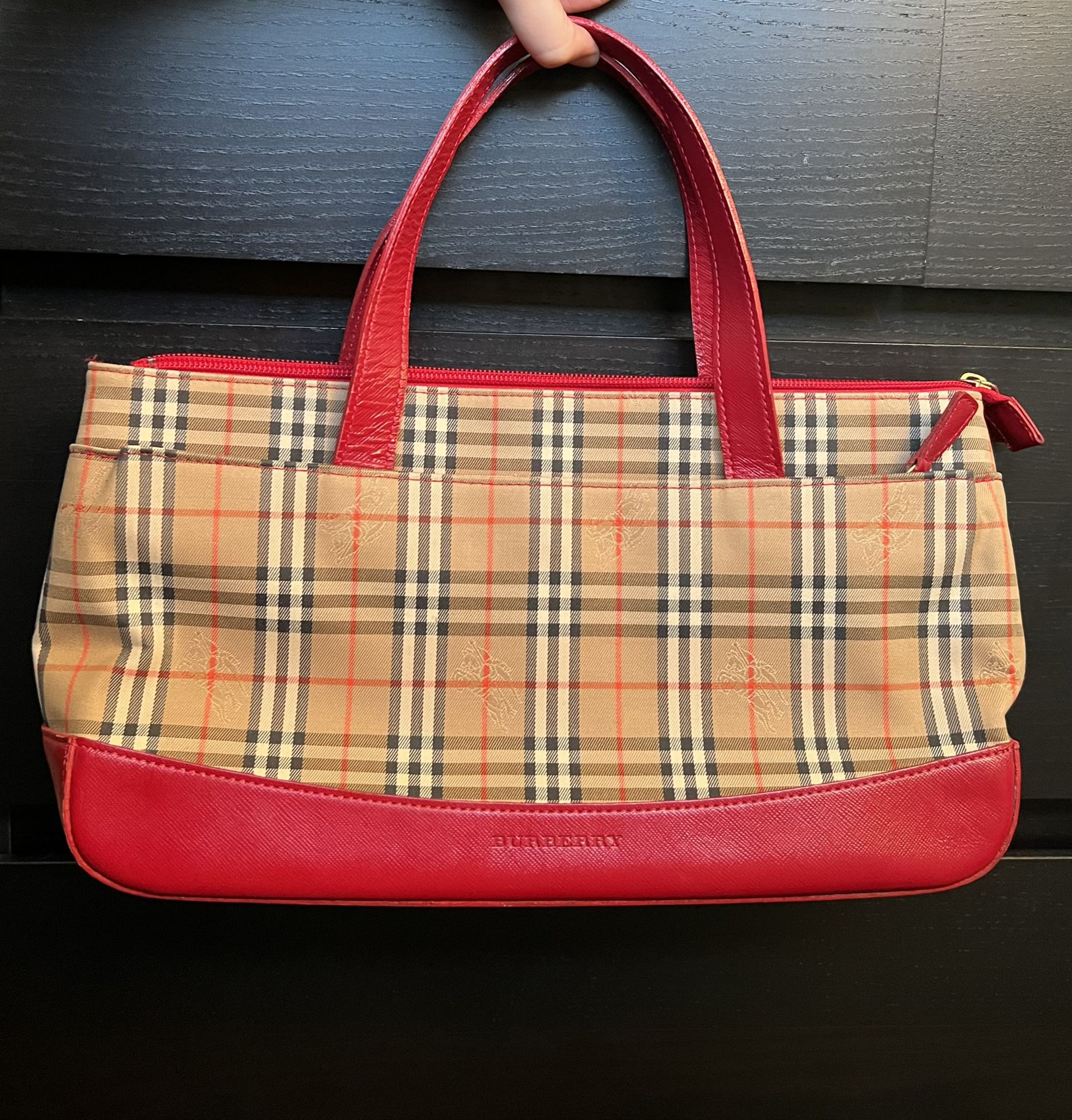 Burberry Haymarket Check Handle Bag with red saffiano leather 