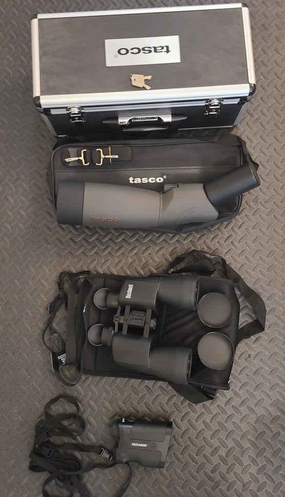 Camping Optics (Bushnell 16x50 Binoculars,  Tasco  60x Spotting Scope, Simmons Protarget 6 X20 Range Finder