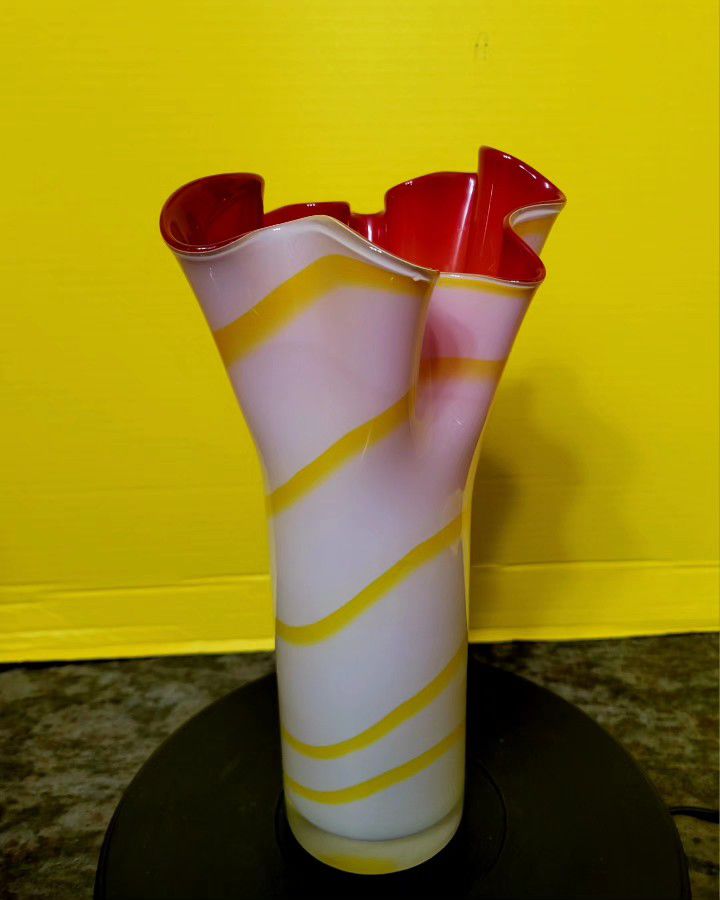 Italian Murano Art Glass Vase Yellow Swirl Design Striped Vintage 11"