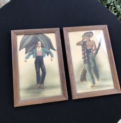 Vintage 1940s GEORGE TELO Prints * PAIR Glassed Framed