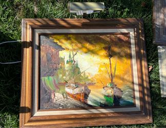 Framed Oil Painting Sailboats Harbor Scene
